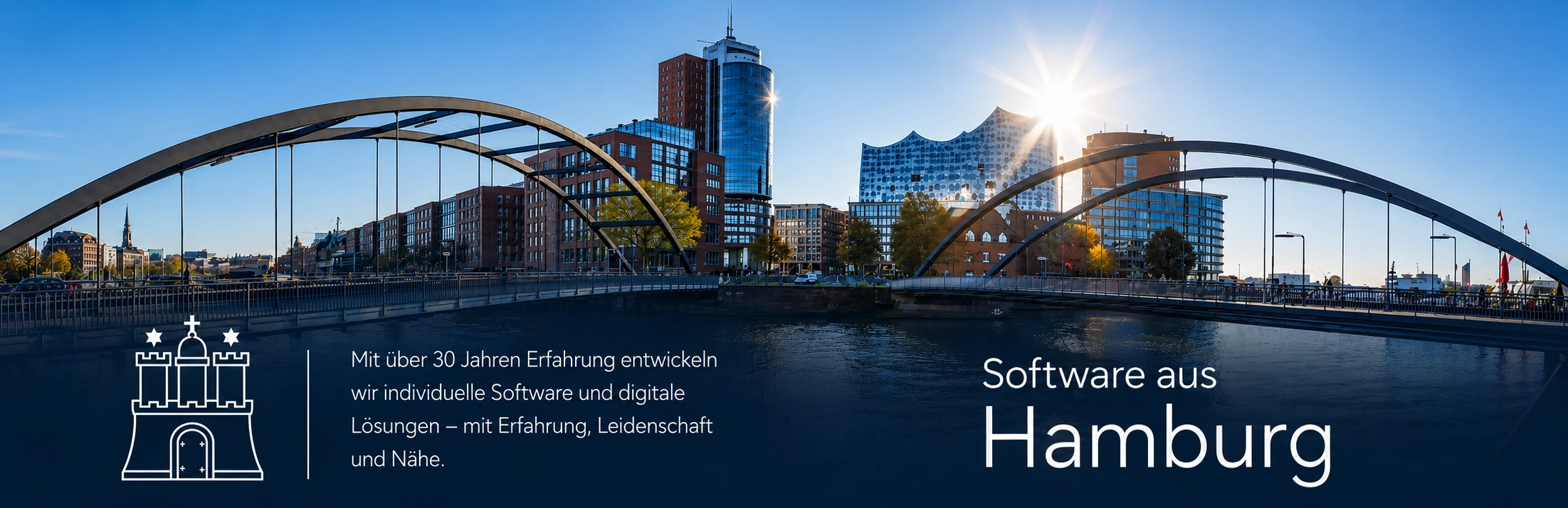 Software aus Hamburg – Blick über die HafenCity zur Elbphilharmonie